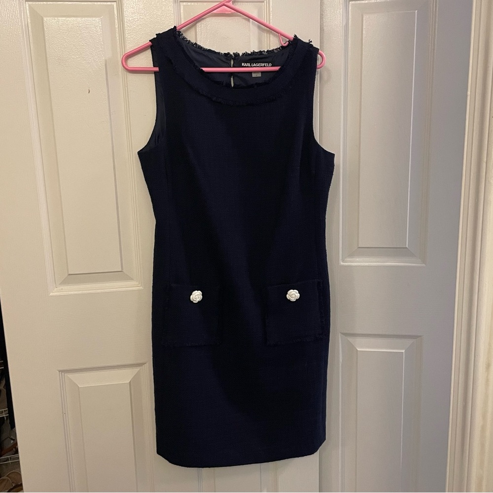 Karl Lagerfeld Navy Sleeveless Shift Dress with Pocket Detail